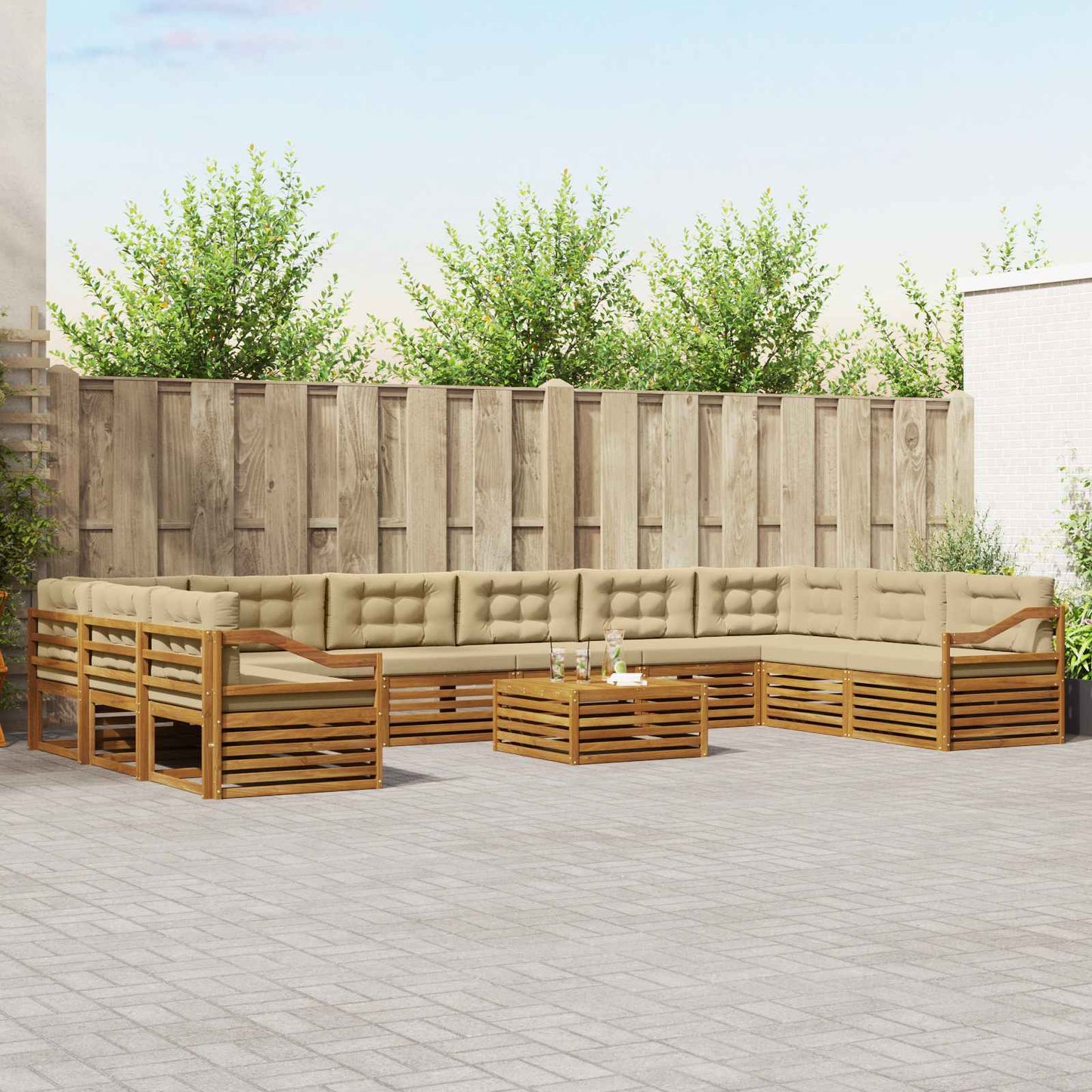 vidaXL Σετ Καναπέ 11 pcs Φυσικό και Μπεζ Στερεό Ξύλο Ακακίας