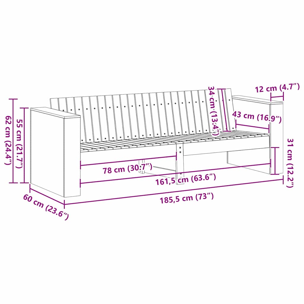 vidaXL Καναπές Κήπου Φυσικό 185,5 x 60 x 62 εκ. Στερεά ξυλεία πεύκου
