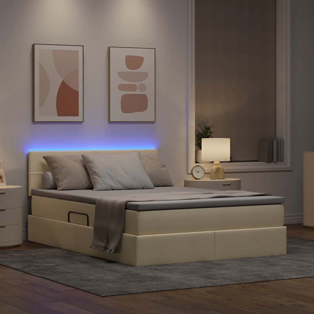 vidaXL LED Κρεβάτι αποθήκευσης με στρώμα Κρέμ 140 x 200 cm Ύφασμα