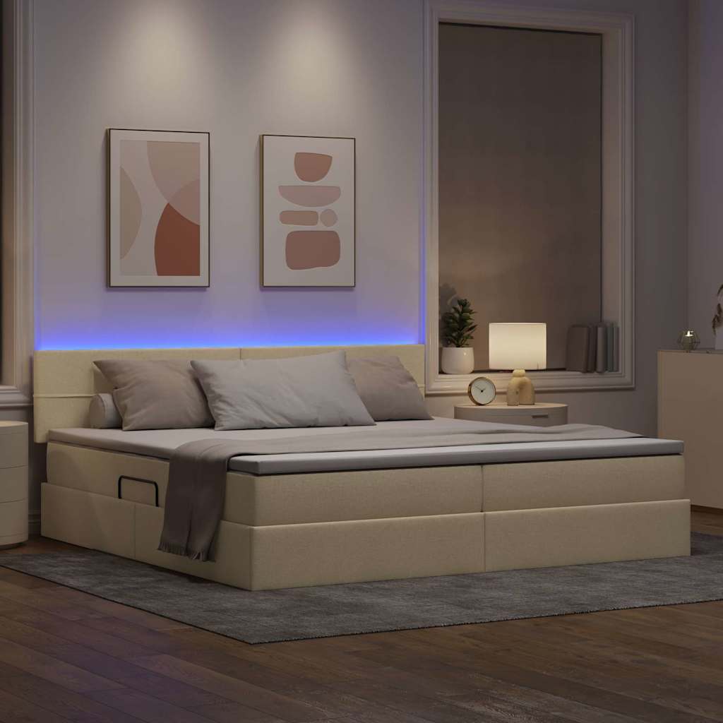 vidaXL LED Κρεβάτι αποθήκευσης με στρώμα Κρέμ 200 x 200 cm Ύφασμα