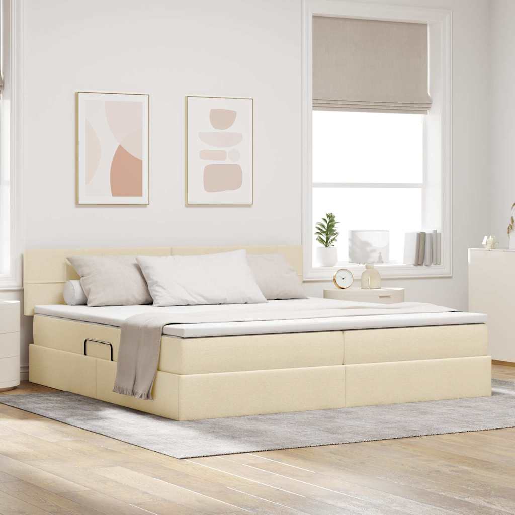 vidaXL LED Κρεβάτι αποθήκευσης με στρώμα Κρέμ 200 x 200 cm Ύφασμα