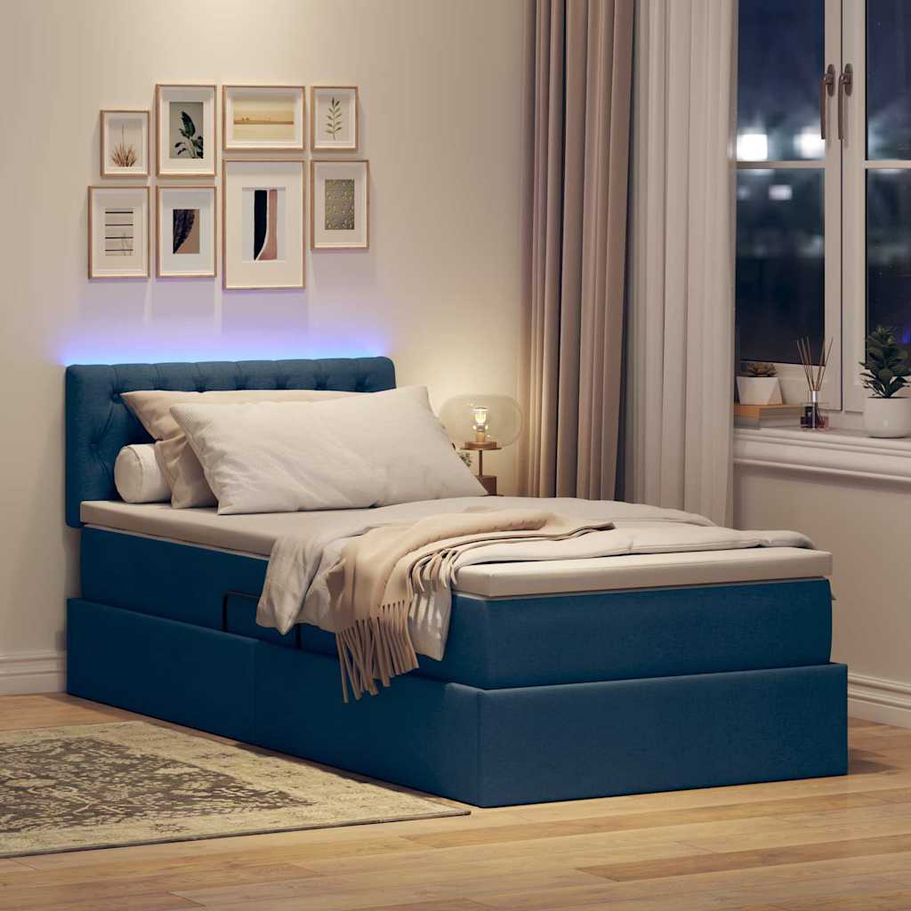 vidaXL LED Κρεβάτι αποθήκευσης με στρώμα Μπλε 90 x 190 cm Ύφασμα