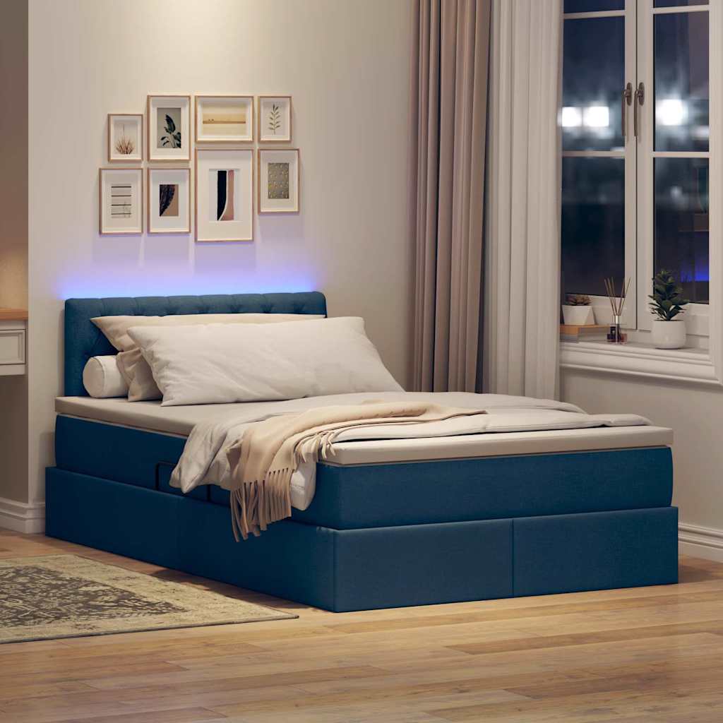 vidaXL LED Κρεβάτι αποθήκευσης με στρώμα Μπλε 120 x 190 cm Ύφασμα