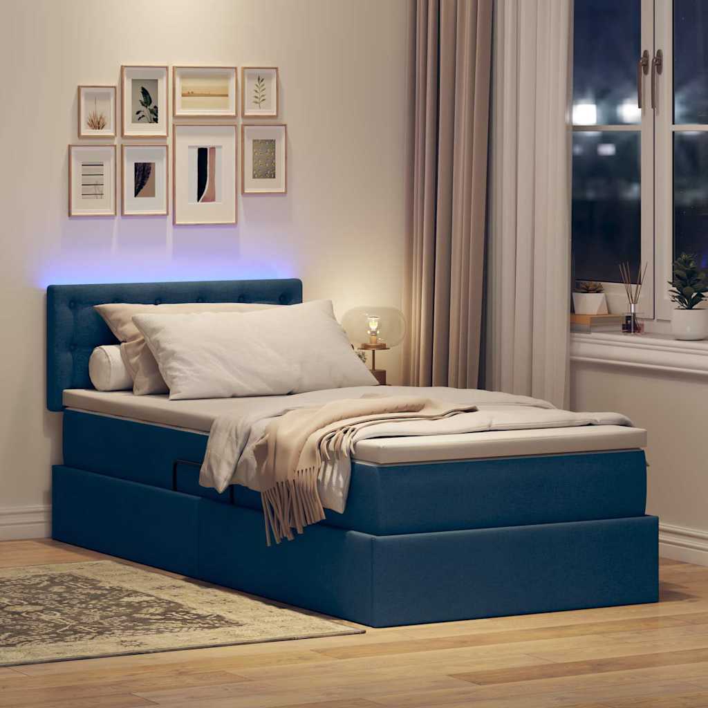 vidaXL LED Κρεβάτι αποθήκευσης με στρώμα Μπλε 90 x 190 cm Ύφασμα