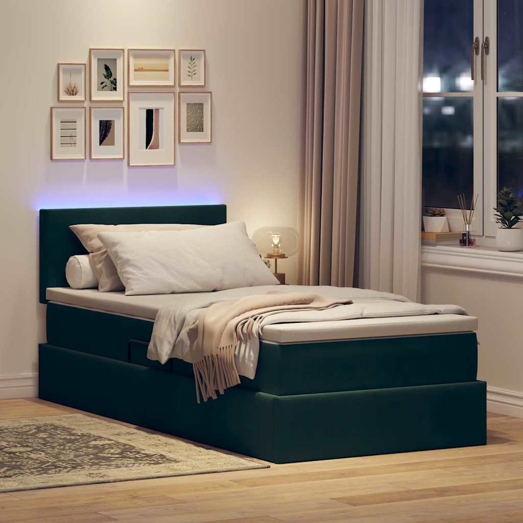 vidaXL LED Κρεβάτι αποθήκευσης με στρώμα Σκούρο Πράσινο 90 x 200 cm