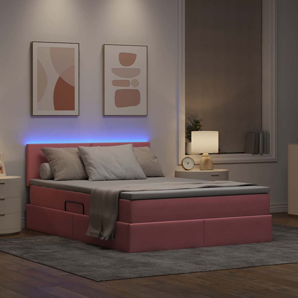 vidaXL LED Κρεβάτι αποθήκευσης με στρώμα Ροζ 140 x 190 cm Βελούδο