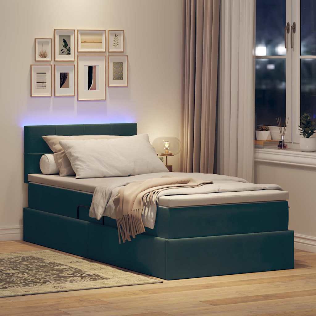 vidaXL LED Κρεβάτι αποθήκευσης με στρώμα Σκούρο Πράσινο 90 x 190 cm