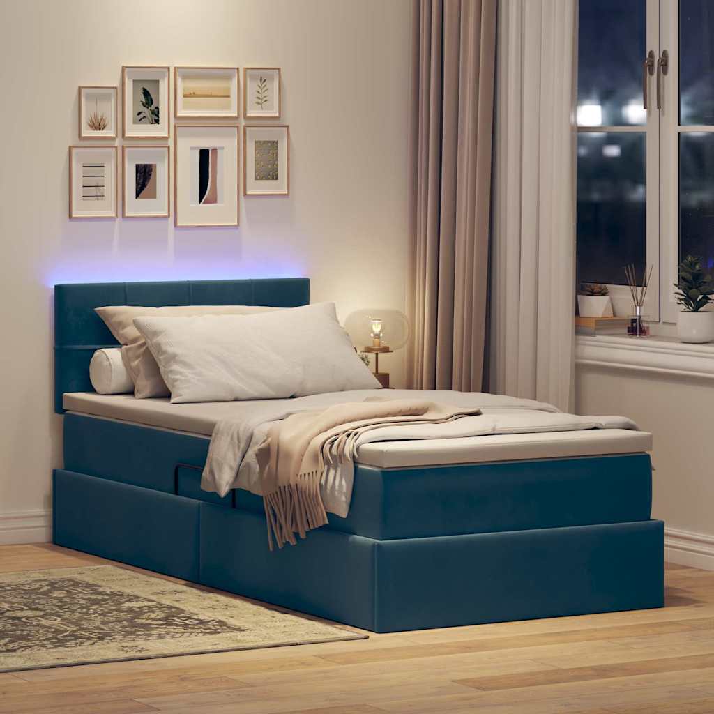 vidaXL LED Κρεβάτι αποθήκευσης με στρώμα Σκούρο Μπλε 90 x 200 cm