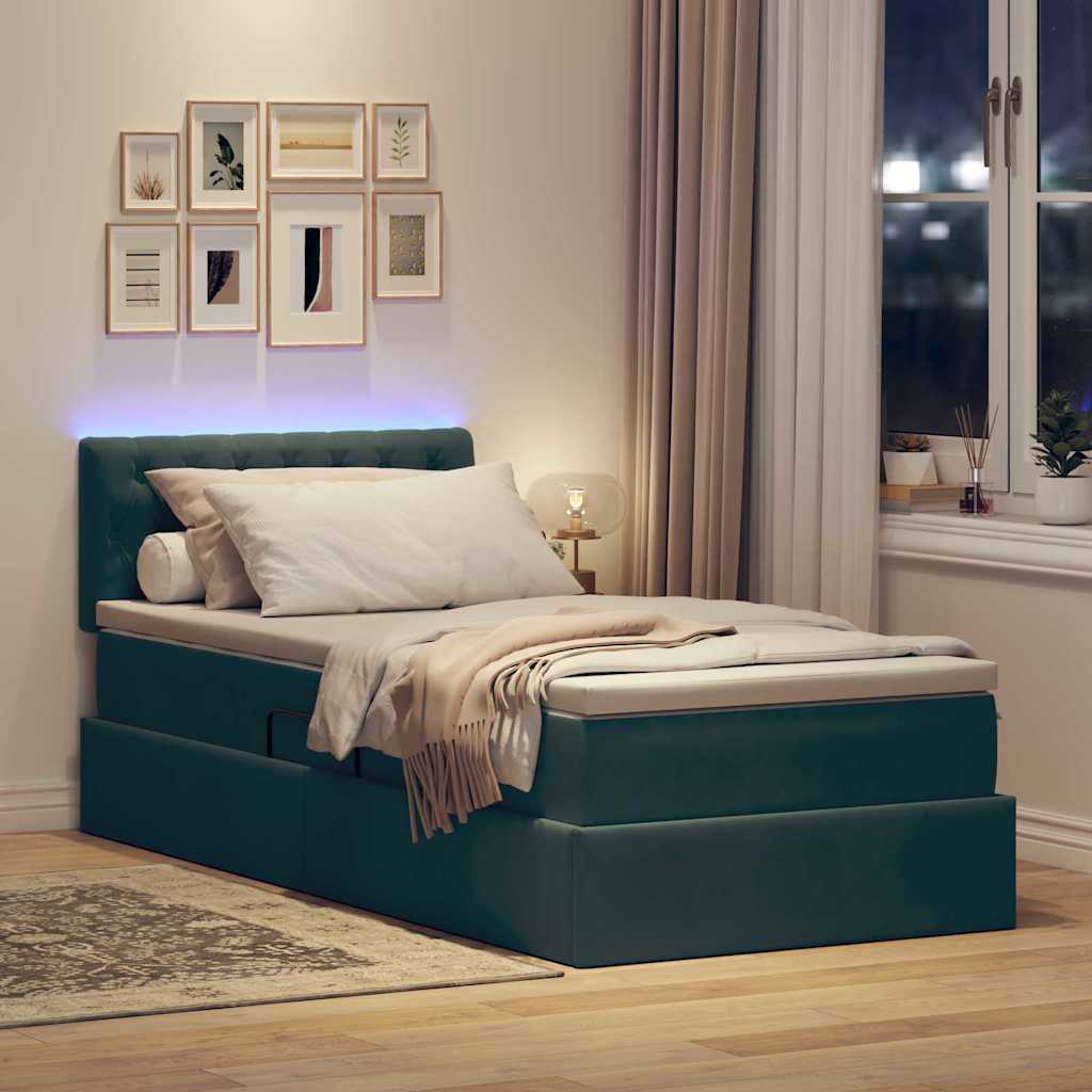 vidaXL LED Κρεβάτι αποθήκευσης με στρώμα Σκούρο Πράσινο 90 x 200 cm
