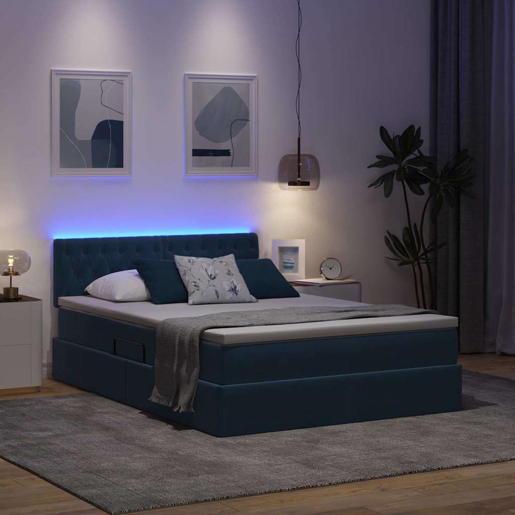 vidaXL LED Κρεβάτι αποθήκευσης με στρώμα Σκούρο Μπλε 140 x 200 cm