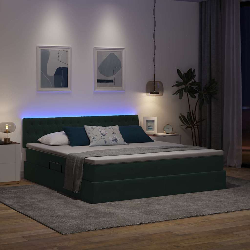 vidaXL LED Κρεβάτι αποθήκευσης με στρώμα Σκούρο Πράσινο 160 x 200 cm