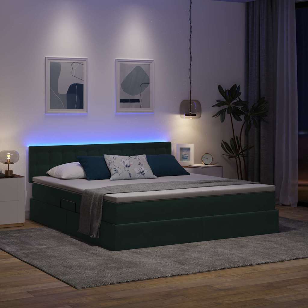 vidaXL LED Κρεβάτι αποθήκευσης με στρώμα Σκούρο Πράσινο 180 x 200 cm