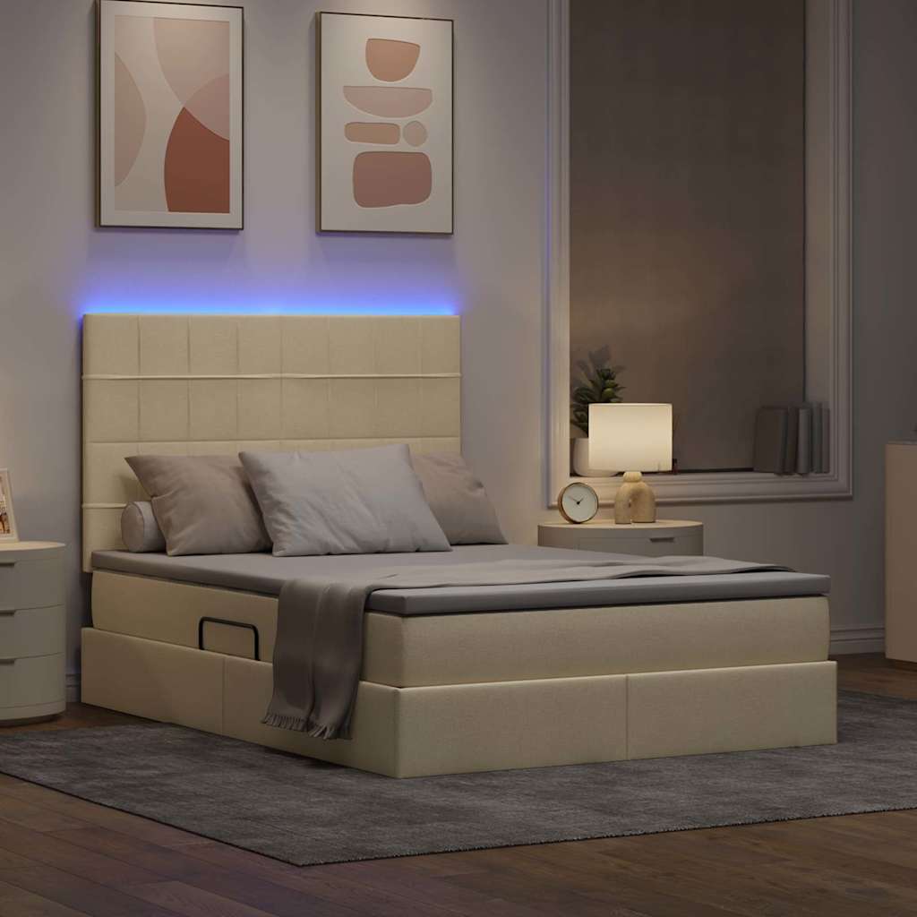 vidaXL LED Κρεβάτι αποθήκευσης με στρώμα Κρέμ 140 x 200 cm Ύφασμα