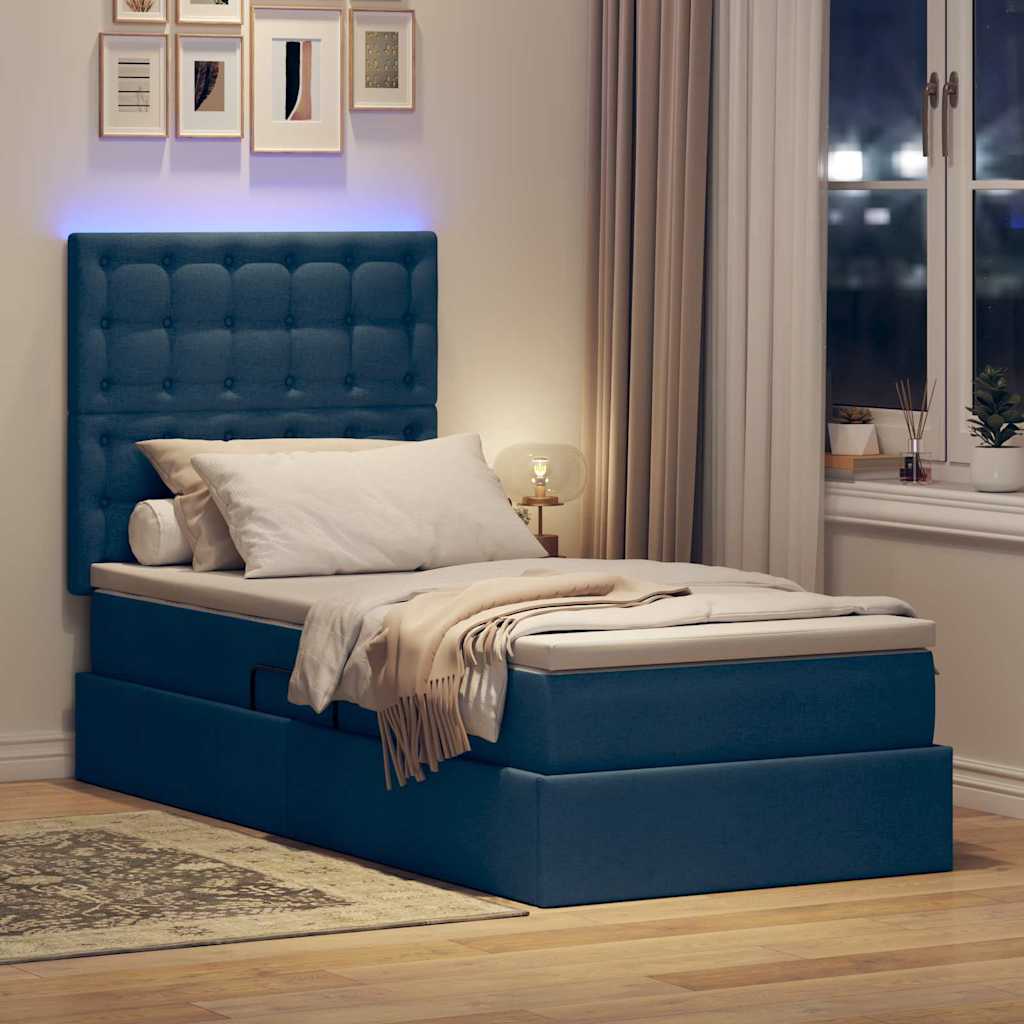 vidaXL LED Κρεβάτι αποθήκευσης με στρώμα Μπλε 90 x 190 cm Ύφασμα