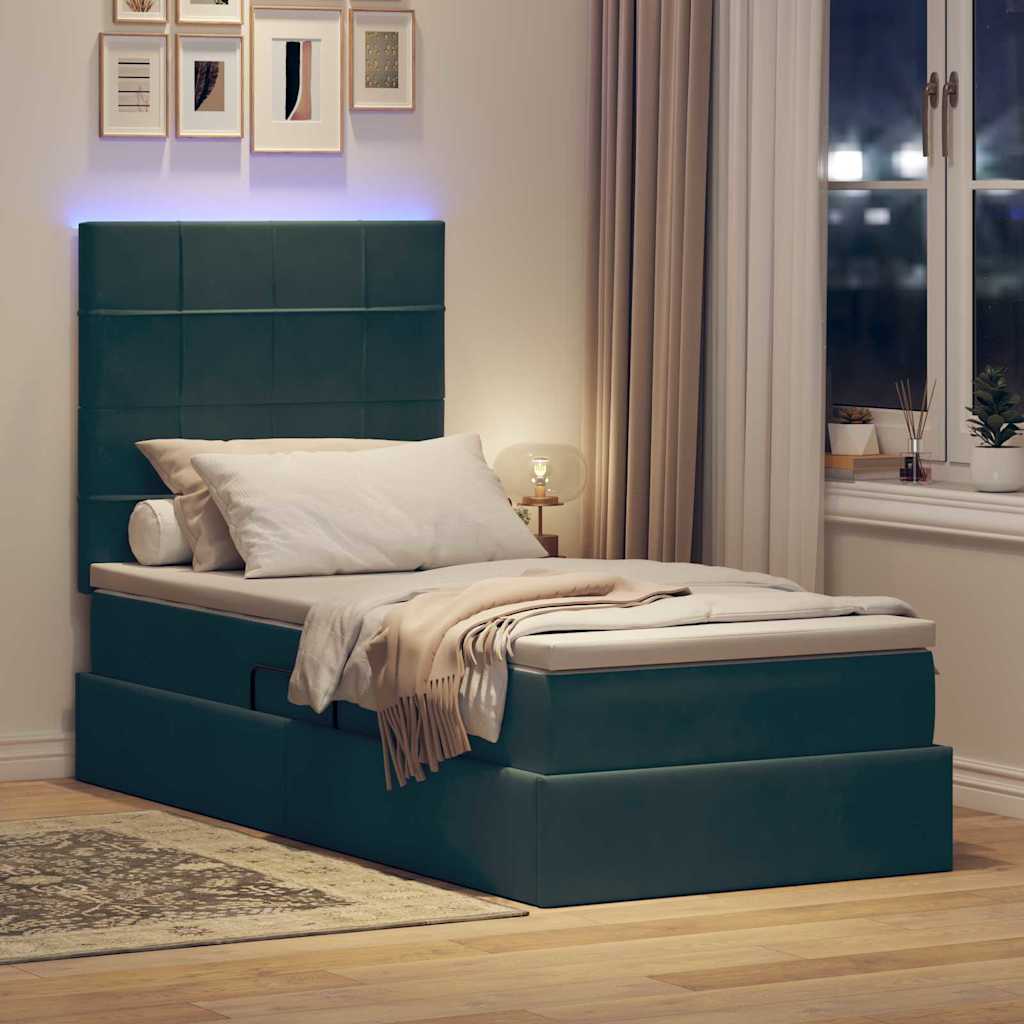 vidaXL LED Κρεβάτι αποθήκευσης με στρώμα Σκούρο Πράσινο 90 x 190 cm