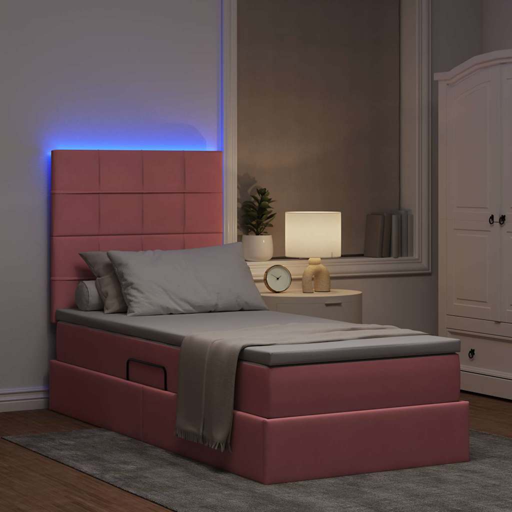vidaXL Κρεβάτι με αποθηκευτικό χώρο και LED Ροζ 90 x 200 cm Βελούδο