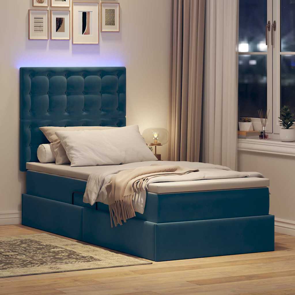 vidaXL LED Κρεβάτι αποθήκευσης με στρώμα Σκούρο Μπλε 90 x 190 cm