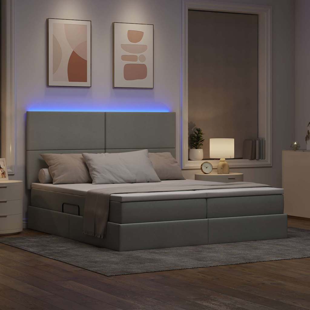 vidaXL Κρεβάτι με φώτα λωρίδας LED Ανοιχτό γκρι 200 x 200 cm ύφασμα