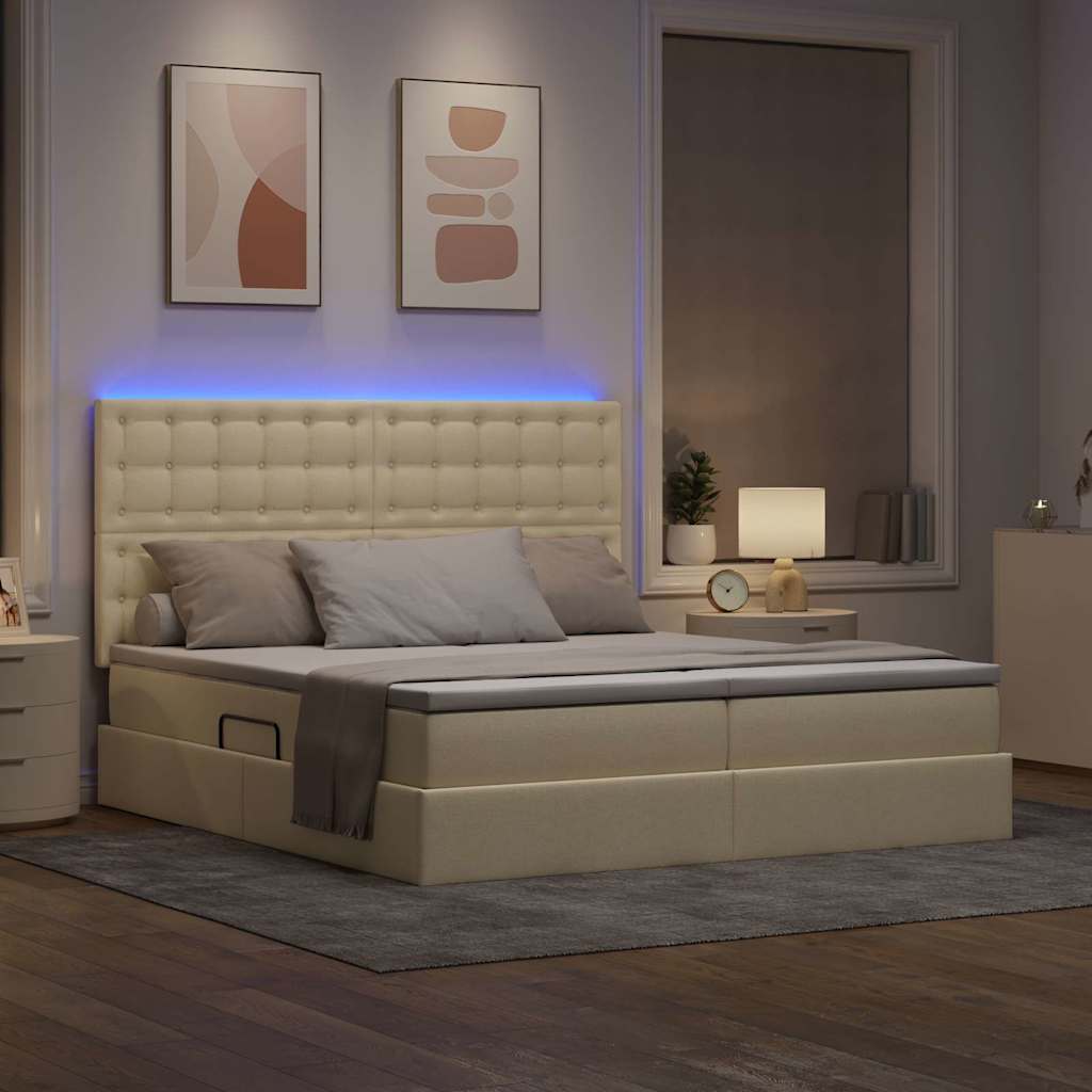 vidaXL LED Κρεβάτι αποθήκευσης με στρώμα Κρέμ 200 x 200 cm Ύφασμα