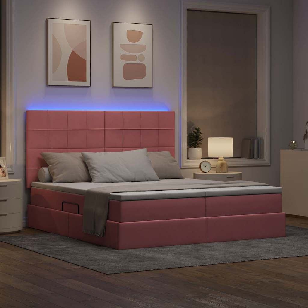 vidaXL LED Κρεβάτι αποθήκευσης με στρώμα Ροζ 200 x 200 cm Βελούδο