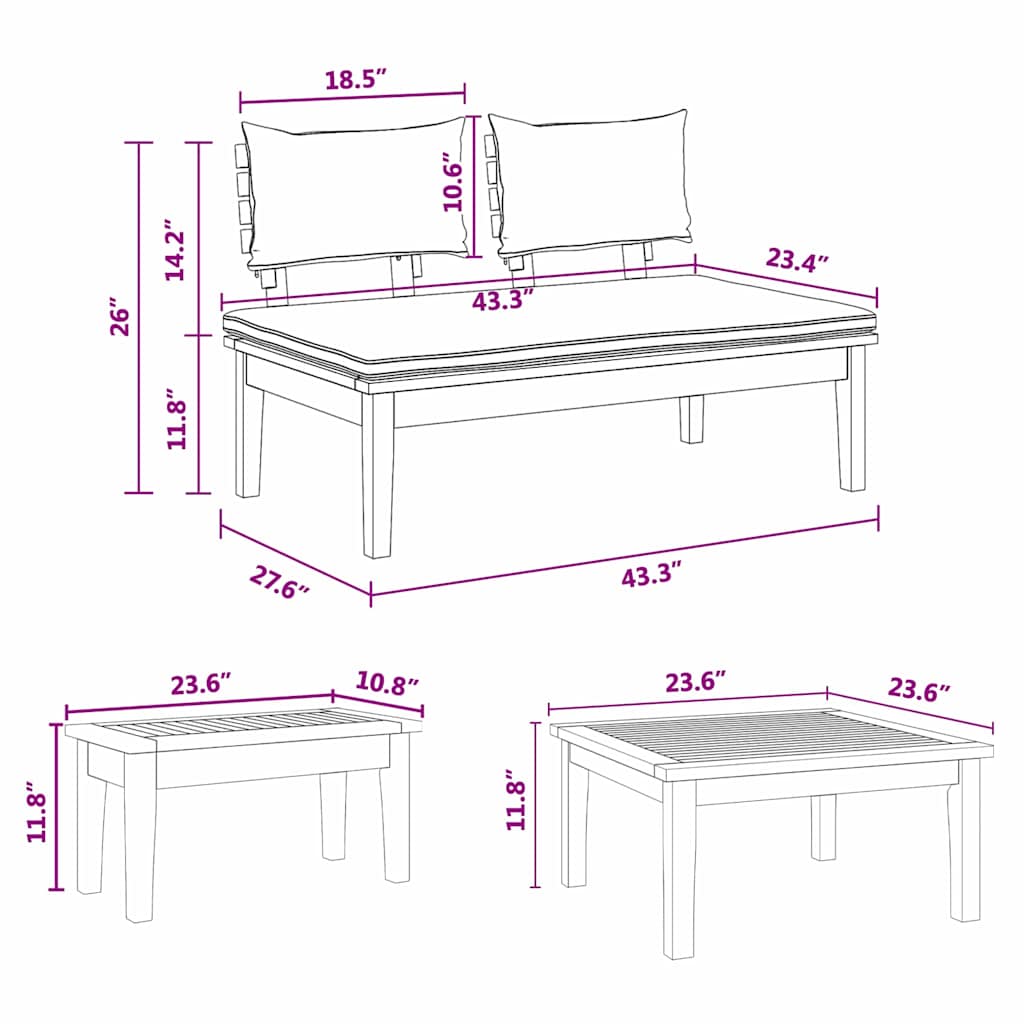 vidaXL Σετ Παγκάκι Κήπου με μαξιλάρι 3 pcs Καφέ και Κρέμα