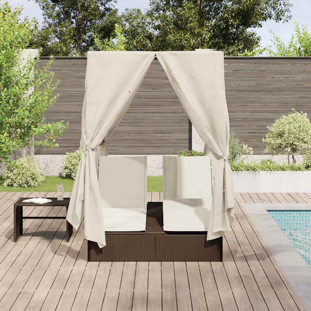 vidaXL Διπλή ξαπλώστρα με οροφή Καφέ 205 x 129 x 200 εκ PE ρατάν