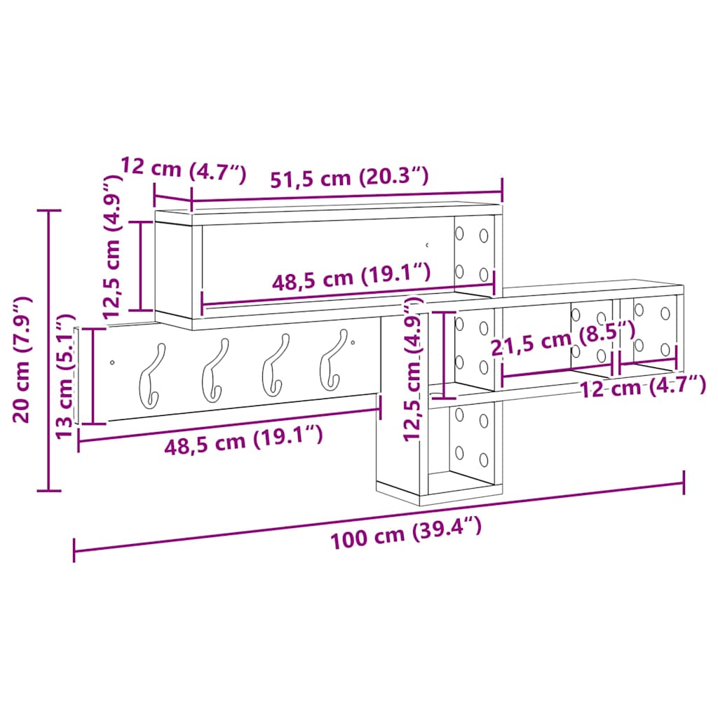 vidaXL Τοίχου Κρεμάστρα με ράφι Sonoma Δρυς 100 x 12 x 43.5 εκ