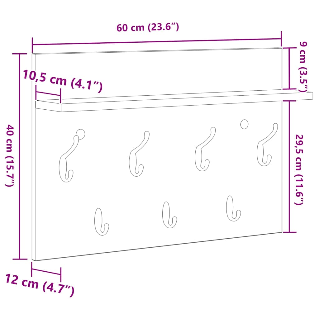 vidaXL Τοίχου Κρεμάστρα Μαύρη δρυς 60 x 40 x 12 cm Επεξεργασμένο ξύλο