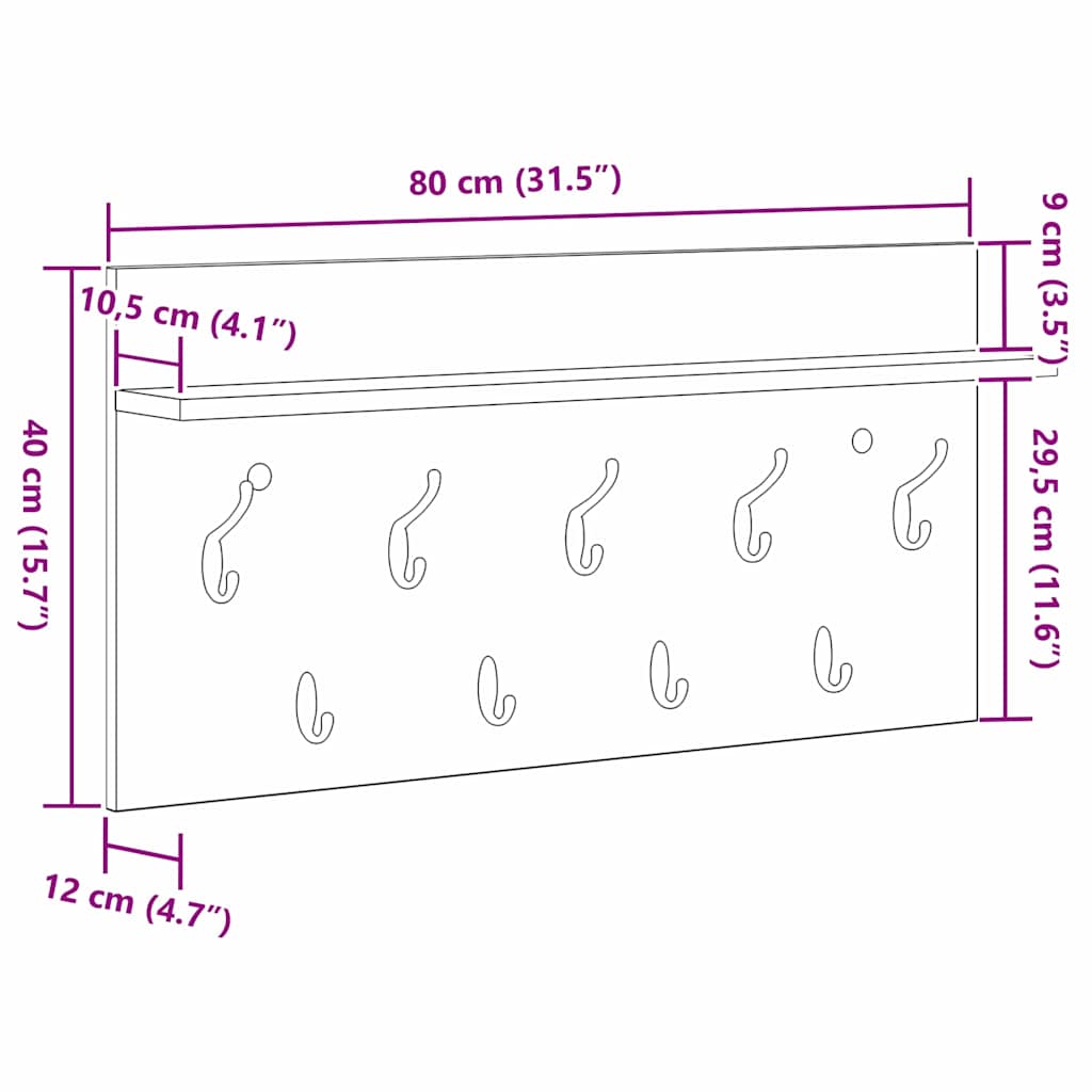 vidaXL Τοίχου Κρεμάστρα Sonoma Δρυς 80 x 40 x 12 cm Επεξεργασμένο ξύλο