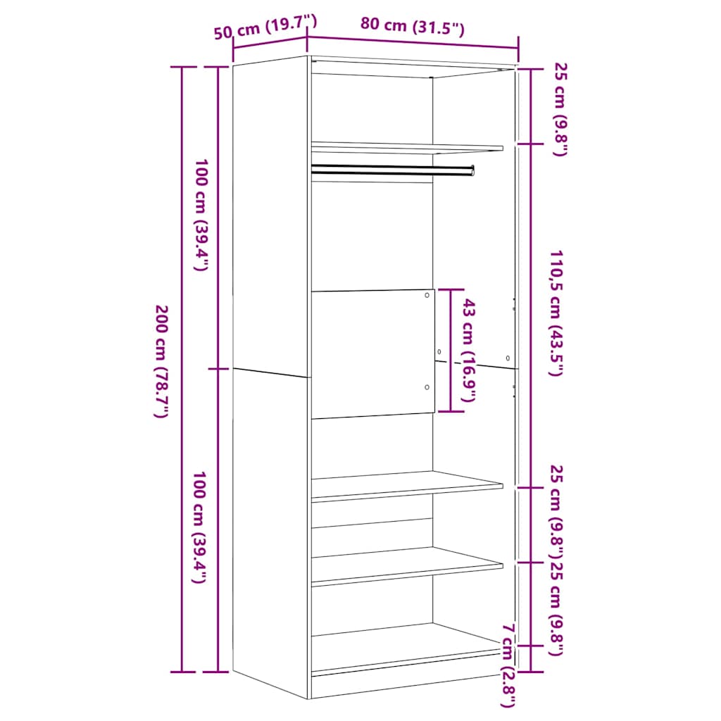 vidaXL Ντουλάπι Μαύρη Δρυς 80 x 50 x 200 εκ. Επεξεργασμένο ξύλο
