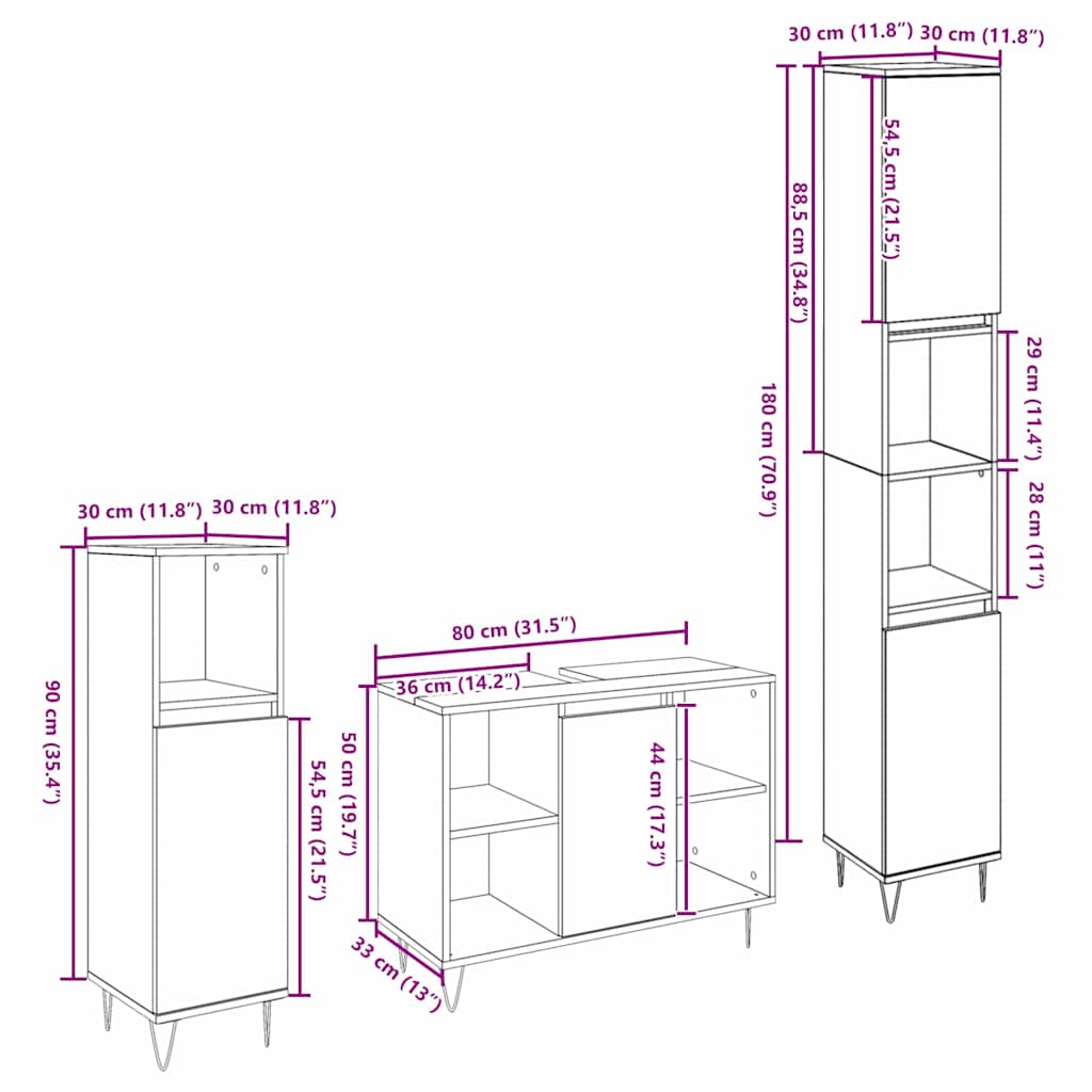 vidaXL 3 κομμάτια σετ επίπλων μπάνιου μαύρη βελανιδιά επεξεργασμένο ξύλο