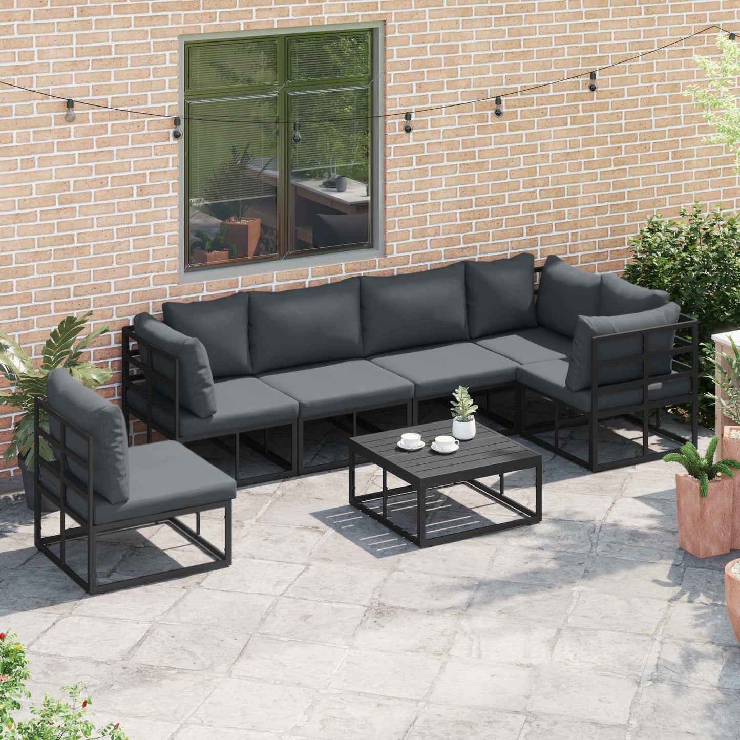 vidaXL Σετ Καναπέ Κήπου με μαξιλάρι 7 pcs Μαύρο Αλουμίνιο