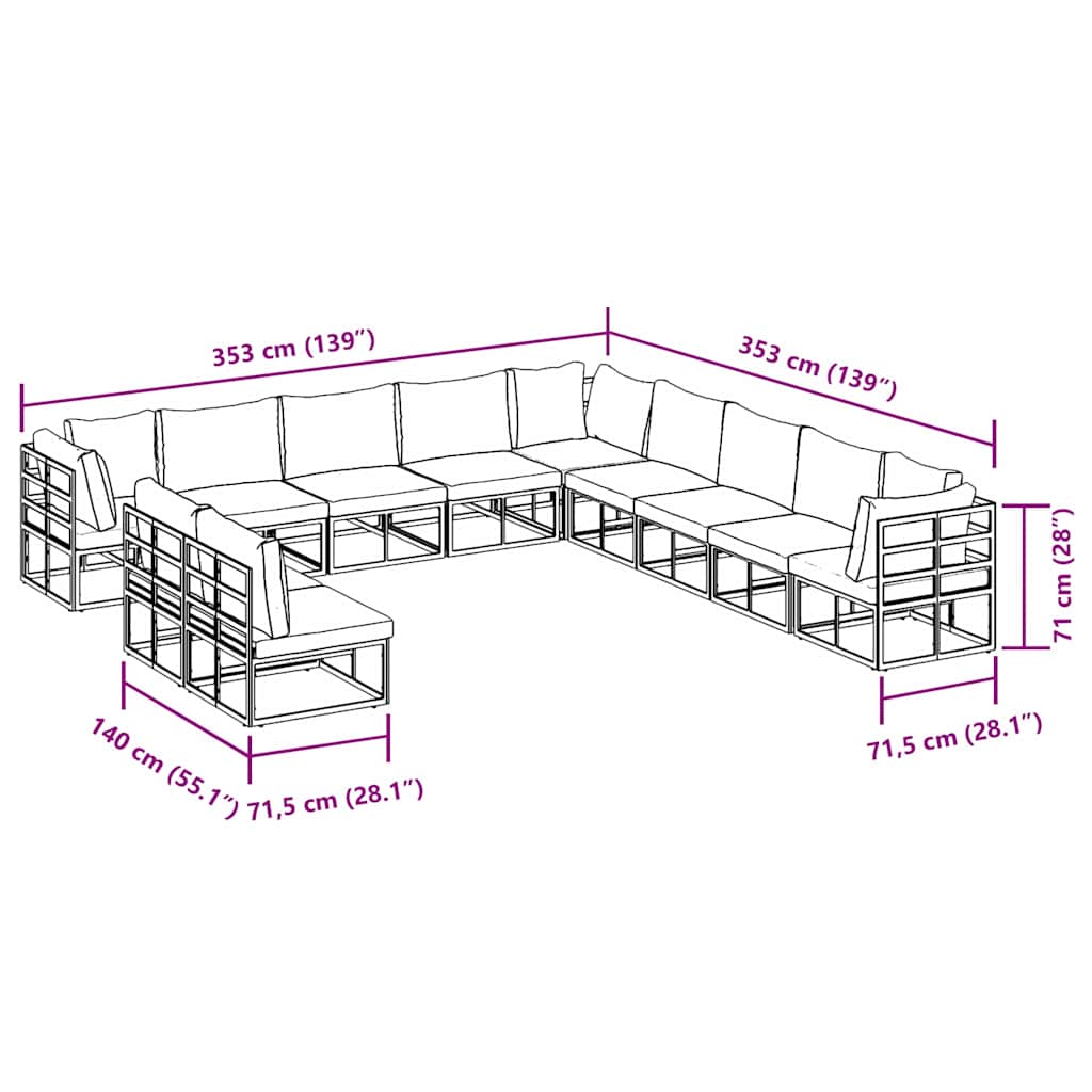 vidaXL Σετ Καναπέ Κήπου 11 pcs Μαύρο 70 x 70 x 32 εκ. Αλουμίνιο