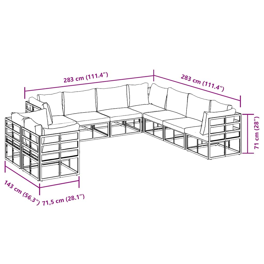 vidaXL Σετ Καναπέ Κήπου 9 pcs Μαύρο 283 x 283 x 71 εκ. Αλουμίνιο