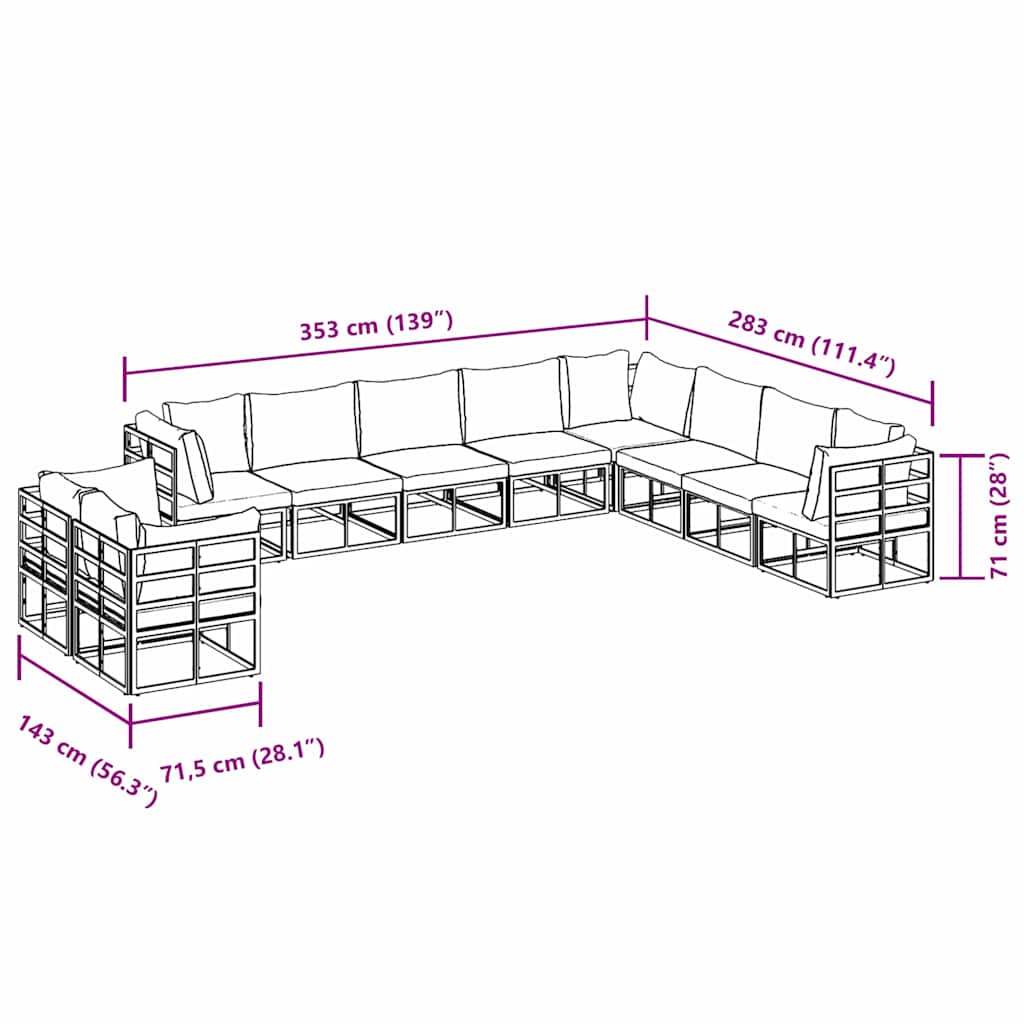 Σετ Καναπέ Κήπου με μαξιλάρι 10 pcs Μαύρο Αλουμίνιο