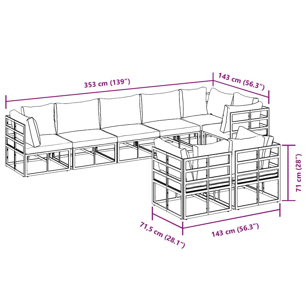 vidaXL Σετ Καναπέ Κήπου με μαξιλάρι 8 pcs Μαύρο Αλουμίνιο