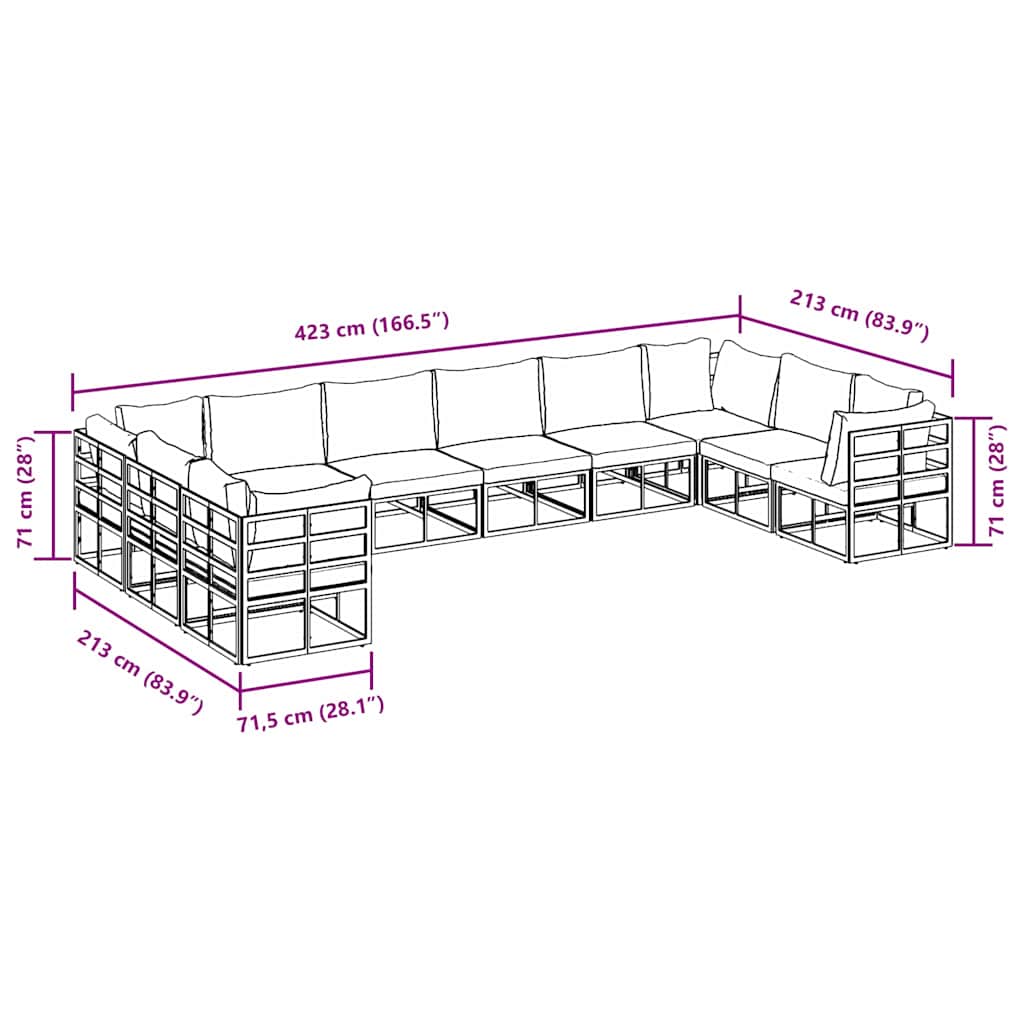 vidaXL Σετ Καναπέ Κήπου 10 pcs Μαύρο 423 x 213 x 71 εκ Αλουμίνιο