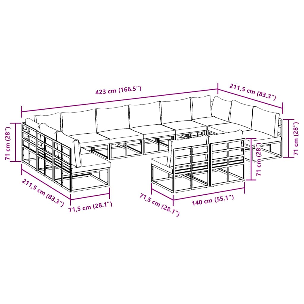 vidaXL Σετ Καναπέ Κήπου 12 pcs Μαύρο 423 x 211.5 x 71 εκ Αλουμίνιο