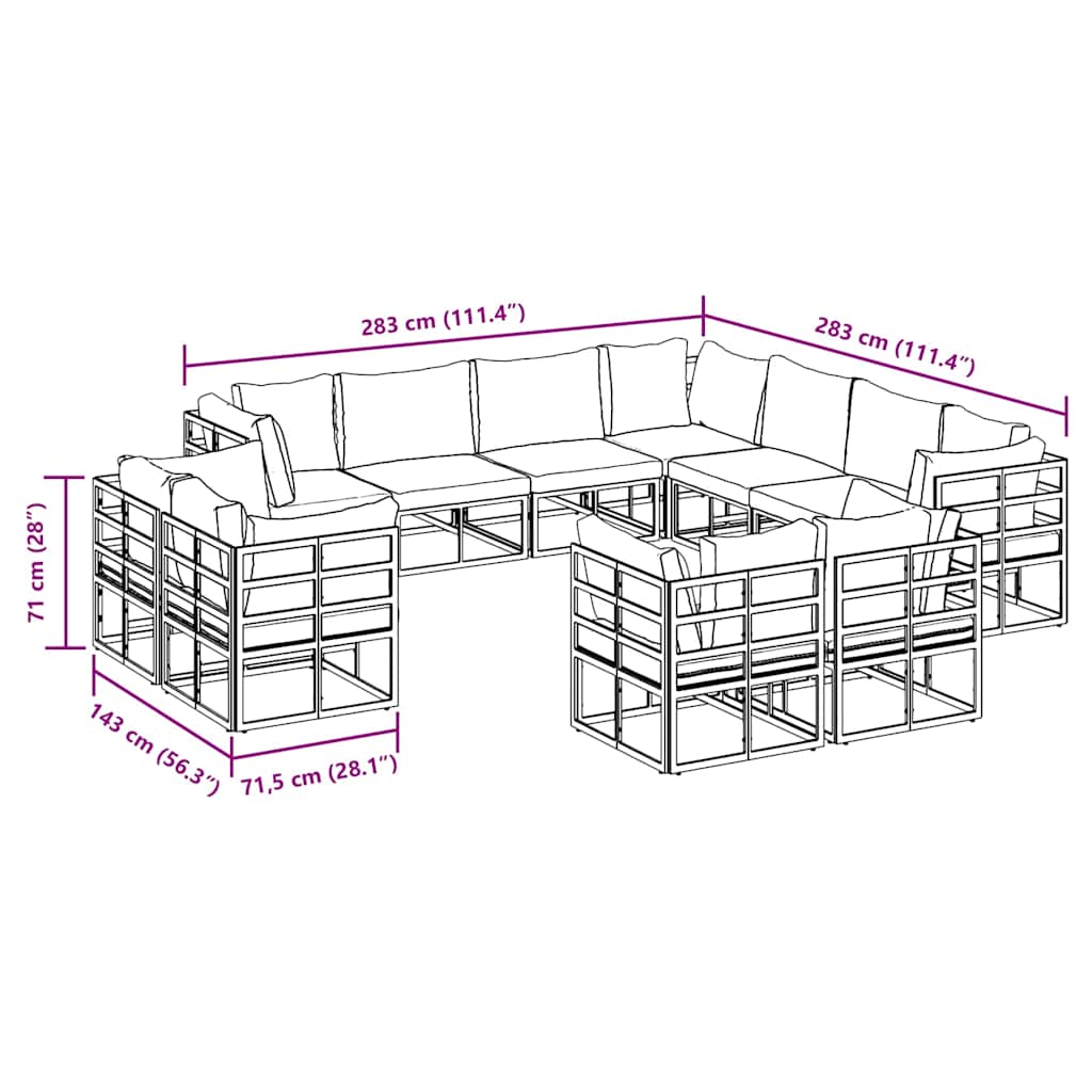 vidaXL Σετ Καναπέ Κήπου 11 pcs Μαύρο 283 x 283 x 71 εκ. Αλουμίνιο