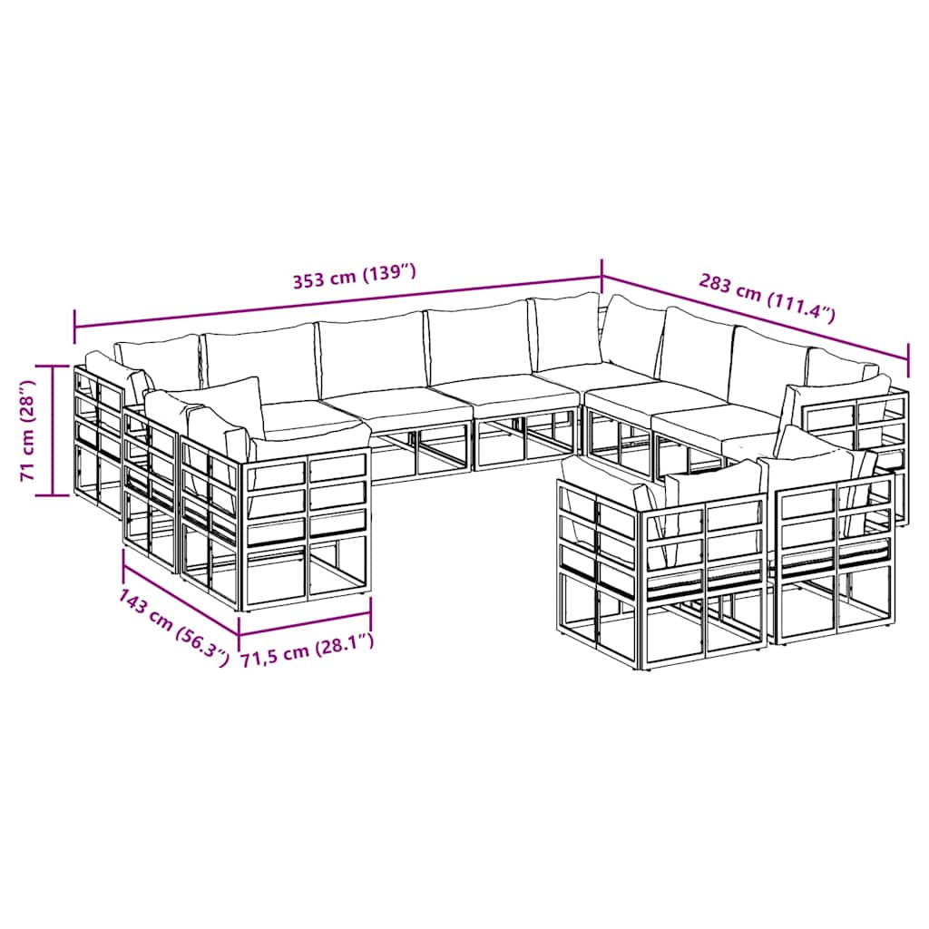 vidaXL Σετ Καναπέ Κήπου 12 pcs Μαύρο 353 x 283 x 71 εκ. Αλουμίνιο