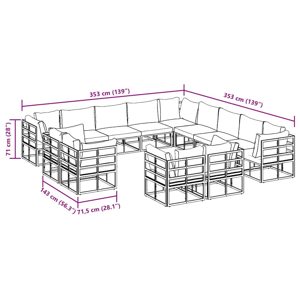 vidaXL Σετ Καναπέ Κήπου 13 pcs Μαύρο 353 x 353 x 71 εκ. Αλουμίνιο