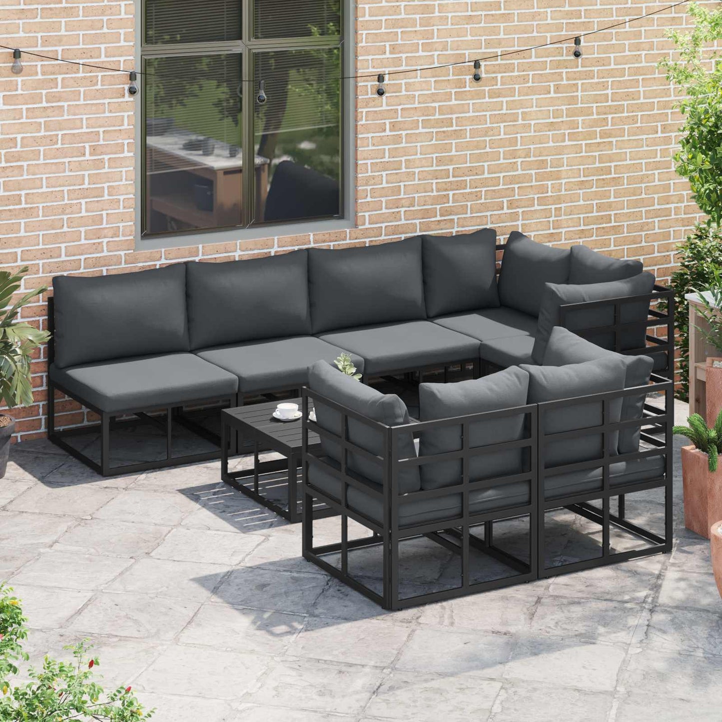 vidaXL Σετ Καναπέ Κήπου με μαξιλάρι 8 pcs Μαύρο Αλουμίνιο