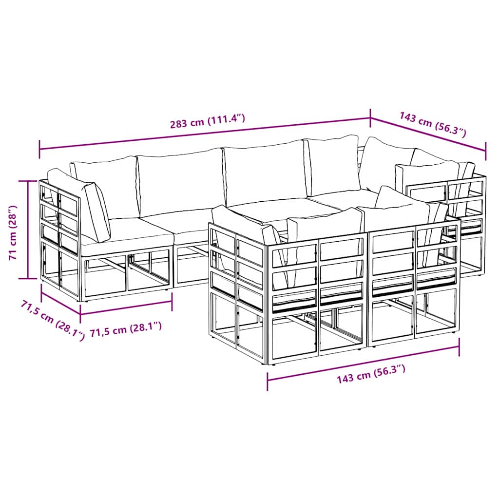 vidaXL Σετ Καναπέ Κήπου 7 pcs Μαύρο 283 x 143 x 71 εκ Αλουμίνιο
