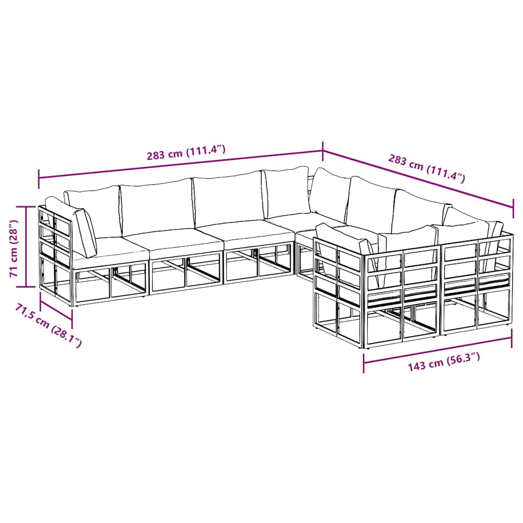 vidaXL Σετ Καναπέ Κήπου 8 pcs Μαύρο 283 x 283 x 71 εκ. Αλουμίνιο