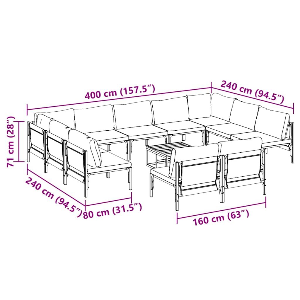 vidaXL Σετ Καναπέ Κήπου με μαξιλάρι 12 pcs Μαύρο Ατσάλι