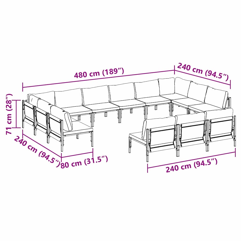 vidaXL Σετ Καναπέ Κήπου με μαξιλάρι 13 pcs Μαύρο Ατσάλι