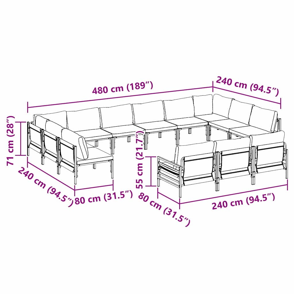 vidaXL Σετ Καναπέ Κήπου με μαξιλάρι 13 pcs Μαύρο Ατσάλι