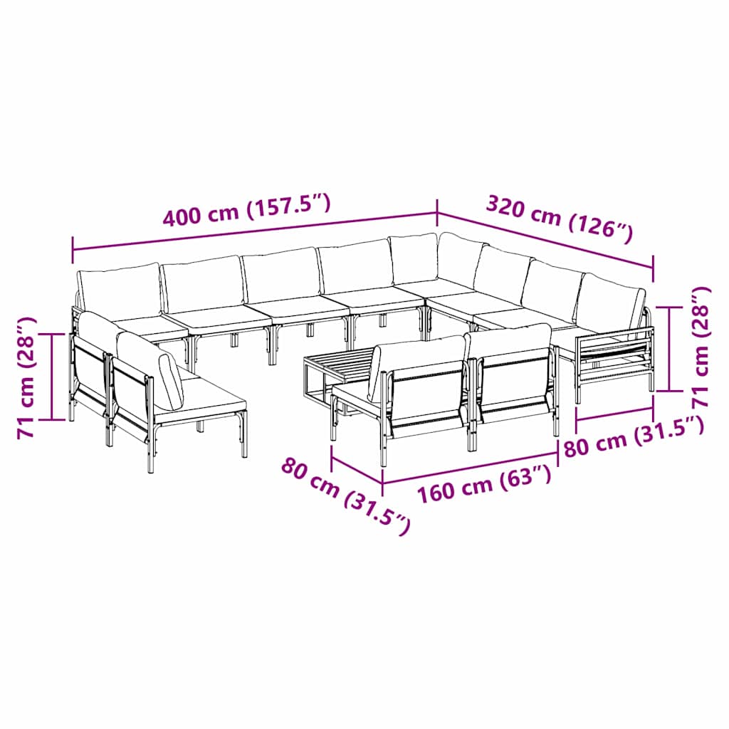 vidaXL Σετ Καναπέ Κήπου με μαξιλάρι 13 pcs Μαύρο Ατσάλι
