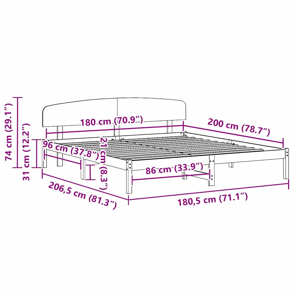 vidaXL Σκελετός Κρεβατιού Φυσικό 180 x 200 cm Στερεά ξυλεία πεύκου
