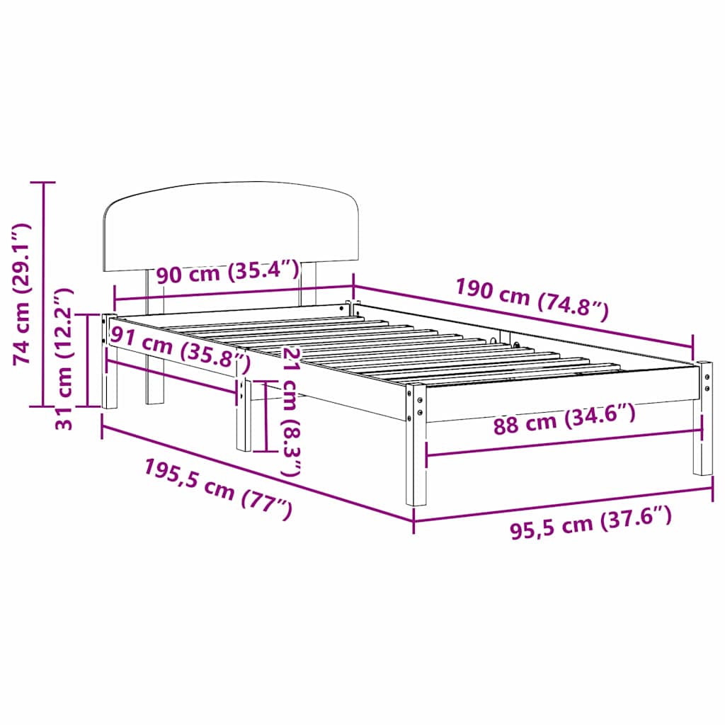 vidaXL Σκελετός Κρεβατιού Λευκό 90 x 190 cm Μασίφ ξύλο πεύκου